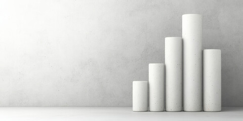 Five white cylindrical pillars of varying heights are arranged in ascending order against a minimalist gray background, resembling a bar graph.