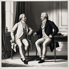 men sitting on a chair, antique engraving.