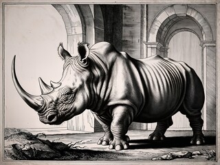 rhino in the sun, antique engraving.