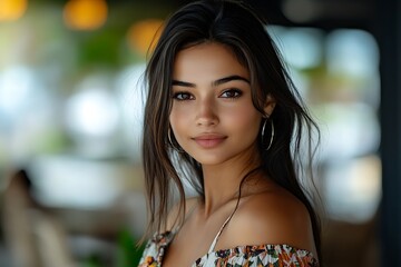 Happy model with brown loose hair, hoop earrings, and light clothing