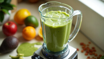 Fototapeta premium Blender with Fresh Green Smoothie and Assorted Fruits