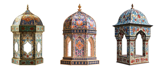 Intricately Designed Islamic Lantern with Geometric and Floral Patterns on White Background