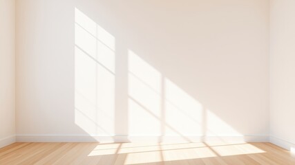 Sunlight streaming through a window casts a geometric pattern of shadows on the wall and floor of an empty room