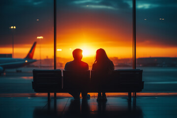 Obraz premium Couple enjoys a romantic sunset at the airport while waiting for their flight