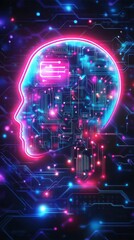 Fototapeta premium A vibrant digital representation of a human head, showcasing circuitry and glowing elements in bright neon colors.