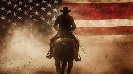 Sepia-toned image of cowboy riding horse with faded american flag in background, dust swirling
