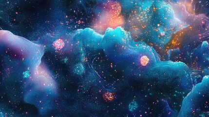 Fototapeta premium Layered data patterns with pixelated quantum nodes, glowing softly in a deep-space aesthetic