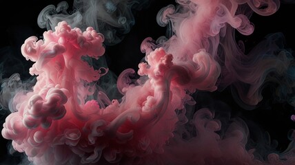 Fototapeta premium Here's a description and keywords for your image.. Abstract pink and grey ink swirls in water, creating ethereal, dynamic cloud-like formations against a black background.