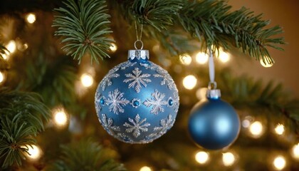 Fototapeta premium Frosted Christmas tree with icy blue and silver ornaments, softly illuminated by warm lights, creating a serene, wintry glow against a softly blurred background