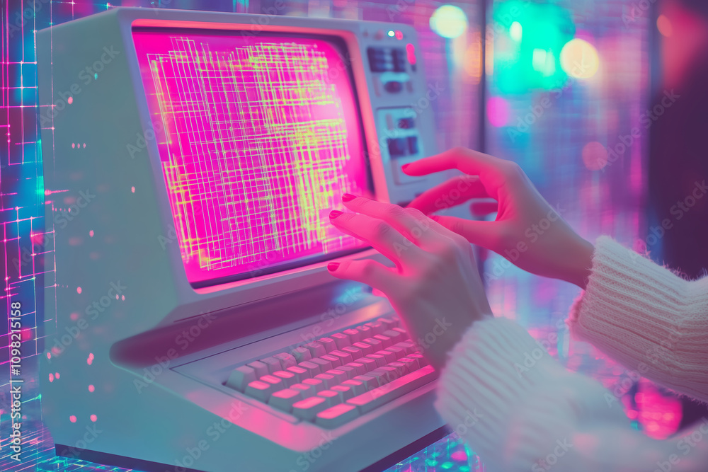 Poster Exploring digital realms with modern hands in vibrant hues of technology