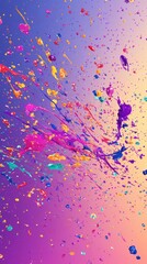 Naklejka premium Vibrant abstract splash art with colorful paint droplets in shades of purple, pink, and orange against a gradient background.