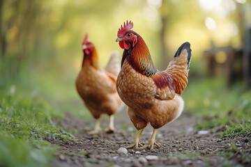Fototapeta premium Domestic hens and roosters roam freely in a vibrant poultry yard