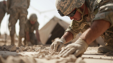 Fototapeta premium Humanitarian Mission Soldiers Building Shelters for Families