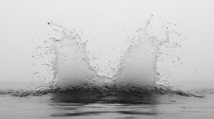 A water drop splash creates a dramatic crown of droplets against a misty background.