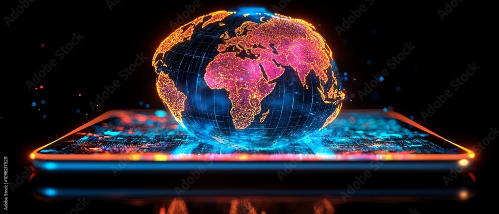 Poster digital globe on a tablet with glowing lights, symbolizing global innovation and advanced technology