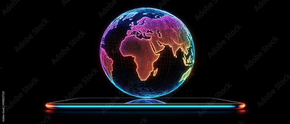 Poster digital globe on a tablet with glowing lights, symbolizing global innovation and advanced technology