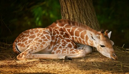 Obraz premium a cute baby giraffe sleeping under the tree.