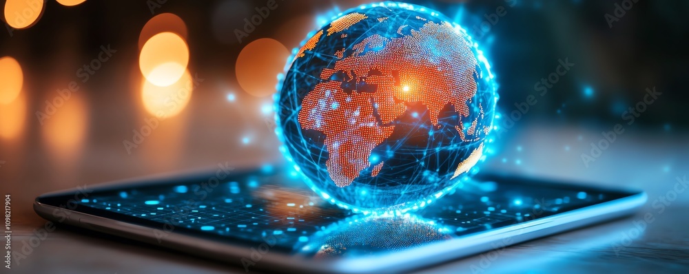 Poster digital globe with glowing lights on a tablet, representing global technology and innovation, futuri