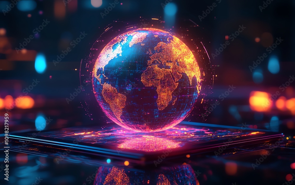 Aufkleber digital globe with glowing lights displayed on a tablet, symbolizing global technology and innovatio