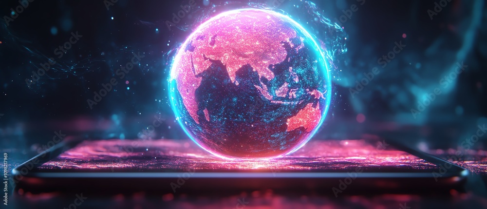 Aufkleber Digital globe with glowing lights on a tablet, representing global technology and innovation, futuristic design, hightech atmosphere, vibrant colors, ultrarealistic details