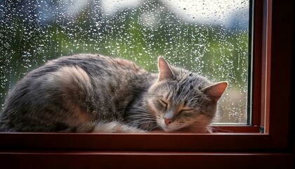 a cute cat sleeping in front of the window which the raining outside.