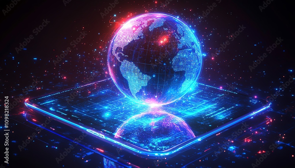 Poster futuristic tablet with a digital globe and glowing lights