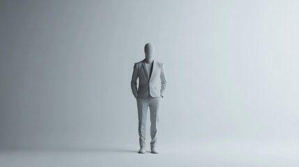 Obraz premium An empty light gray man suit mockup, designed in a minimalist style, standing upright against a clean white backdrop for a professional appearance.
