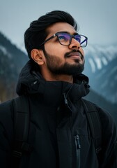 Obraz premium The image shows a man with a thoughtful expression, dressed in a black jacket, gazing upwards in a snowy mountain setting