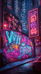 Naklejka premium A vibrant urban alleyway featuring colorful graffiti art, neon lights, and a moody nighttime atmosphere.