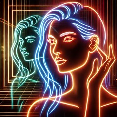 Obraz premium Light reflected in the cut lines, neon silhouettes of people , modern life, passion, ambition and individuality.