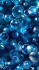 A mesmerizing array of shimmering blue bubbles floating gracefully in a dreamy atmosphere.