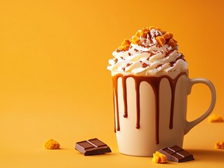 Delicious hot chocolate with whipped cream and toppings cozy cafe food photography warm atmosphere close-up view comfort indulgence