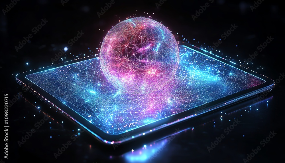 Aufkleber tablet displaying a glowing digital globe, symbolizing global technology and innovation, modern tech