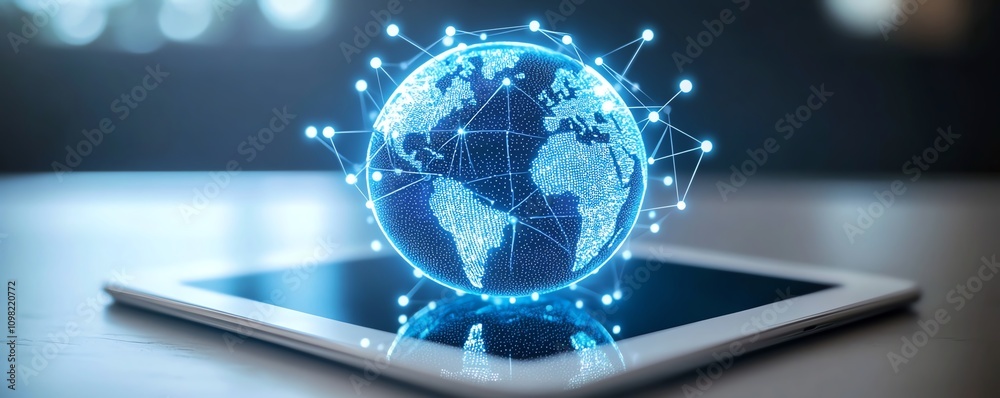 Poster Tablet screen showcasing a digital globe with glowing lights, representing technology and global innovation, futuristic design, glowing connections, highdefinition realism