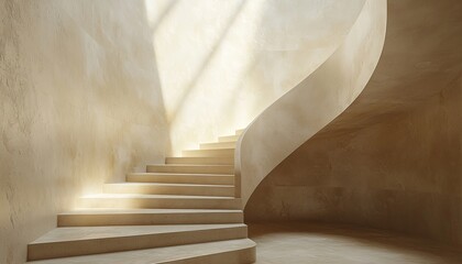 Naklejka premium A minimalist spiral staircase bathed in soft light, showcasing a serene and elegant architectural design.