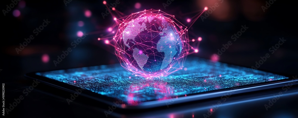 Aufkleber tablet with a digital globe and glowing lights, emphasizing global technology and innovation, modern