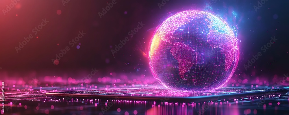 Poster Tablet with a digital globe and glowing lights, emphasizing global technology and innovation, modern tech design, glowing network, sleek and futuristic, highquality realism