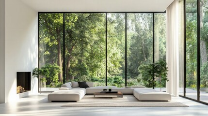 Fototapeta premium Modern living room design suburban home interior space nature view bright environment comfort and serenity