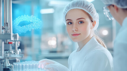 Scientists in a laboratory setting, wearing protective gear, examining test tubes with a digital DNA hologram displayed nearby, highlighting their research focus.