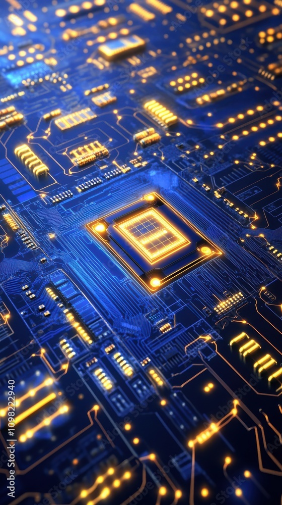 Poster close-up of a glowing microchip embedded on a circuit board, featuring intricate patterns and vibran