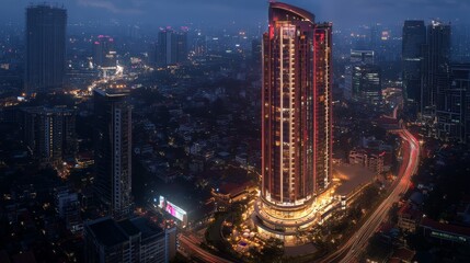 Obraz premium A city skyline at dusk, showcasing a modern high-rise building illuminated amidst urban surroundings.