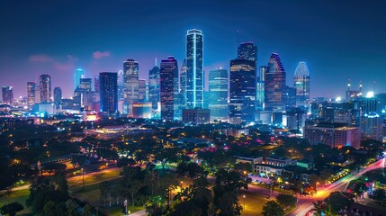 Obraz premium A vibrant cityscape at night with skyscrapers illuminated by lights.