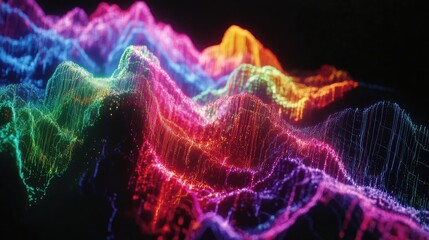 Lines of glowing data stretching in waveforms, moving rhythmically across the screen with vivid electric colors