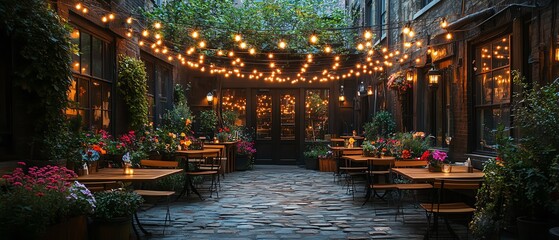 Fototapeta premium Charming outdoor dining area with string lights and blooming flowers, creating a cozy evening atmosphere in a quaint courtyard, warm glow, inviting ambiance, highdefinition details