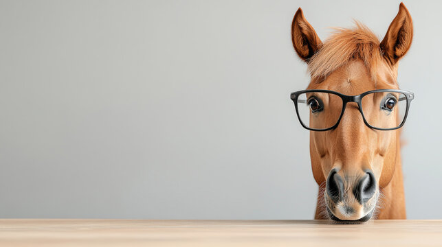 A horse humorously wearing glasses peeks over a table, creating a playful and whimsical scene against a simple gray background.