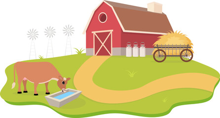 Naklejka premium Farm Animals. Cute farm. A red cow drinks water in a farmyard. Collection of farm animals in a barnyard. Baby flat vector illustration.