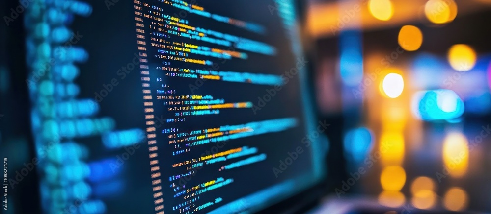 Poster close-up of computer code displayed on a screen with a blurred background.