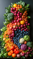 Colorful assortment of fresh fruits and vegetables arranged on dark background.