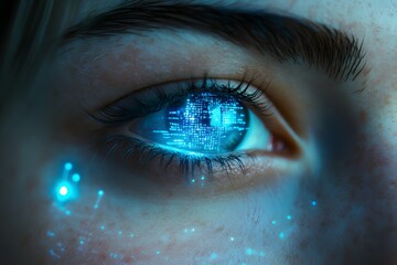 Naklejka premium A close-up of an eye with an AI interface glowing on its cornea. A woman's face is captured in extreme detail, showcasing her expressive eyes and intricate facial features