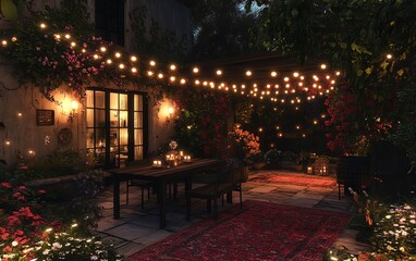 Obraz premium Outdoor dining area with string lights and blooming flowers